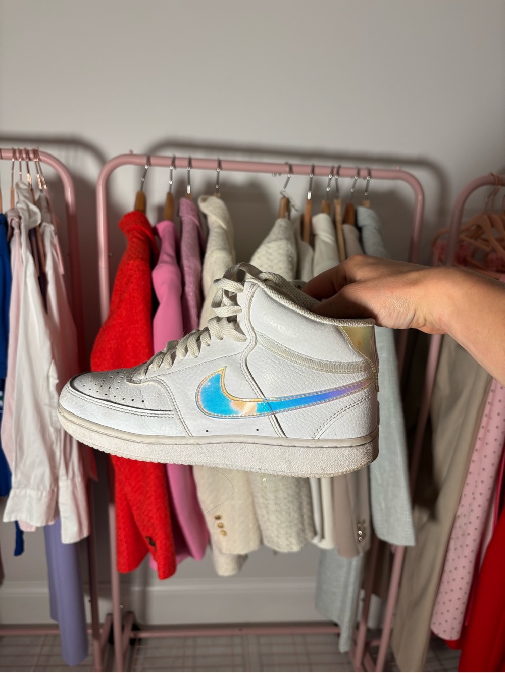 Nike White High-Top Sneaker with Iridescent Blue-Gold Swoosh